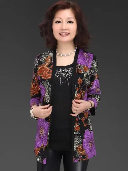 乐卡索 大花假两件长袖t恤时尚中老年妈妈装bs323zt