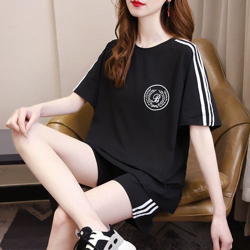 休闲运动套装女韩版宽松时尚夏装2023新款短袖短裤跑步服两件套潮