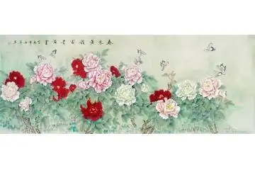 六尺横幅酒店国画牡丹秦宝田工笔花鸟画-【易从网】
