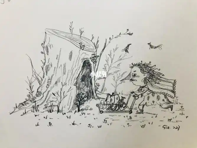 儿童插画小场景树洞怪物