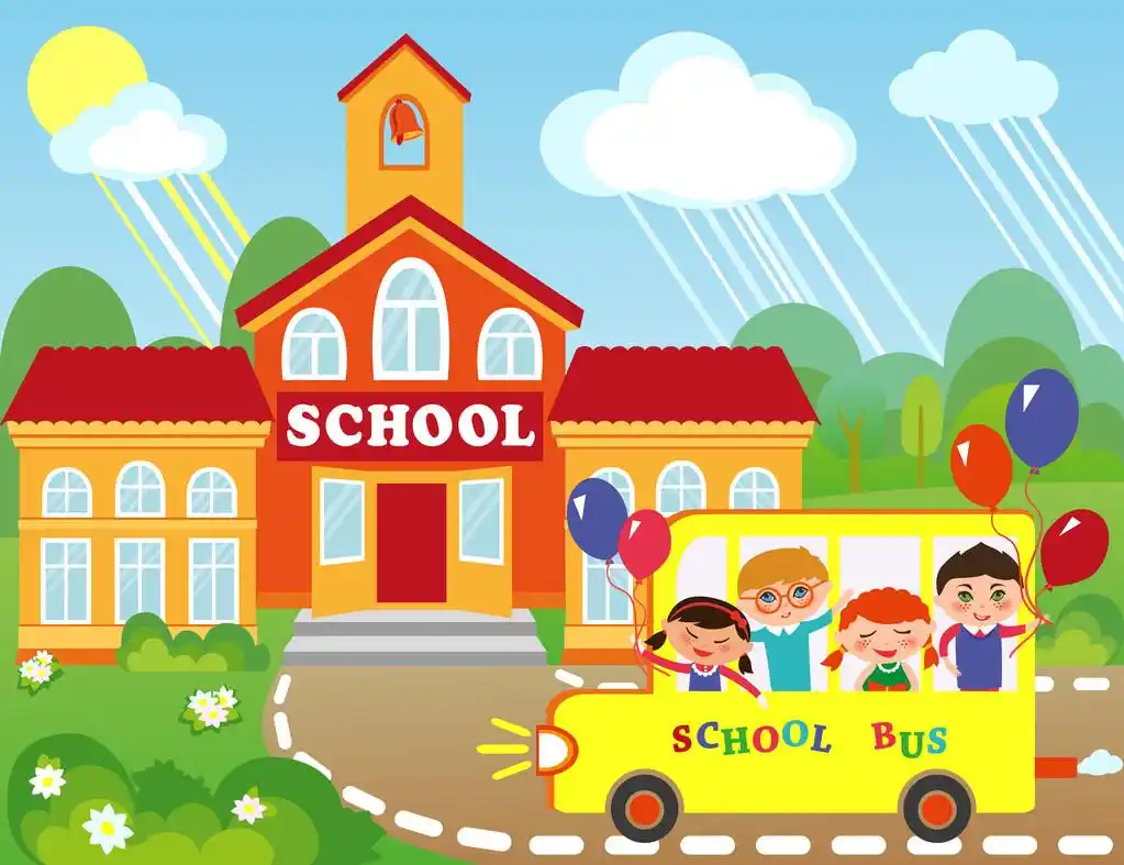 学校,卡通学校建筑的插图.儿童正乘公共汽车去上学.