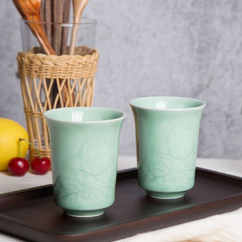 朵古龙泉青瓷茶杯 莲花牡丹敞口杯水杯茶杯创意轻奢情侣办公杯
