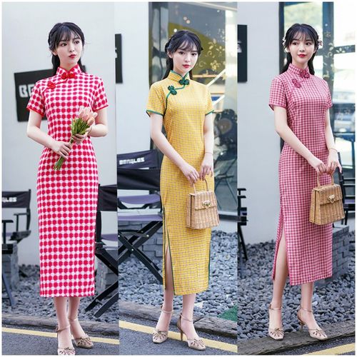 戚薇改良短袖旗袍2021年新款夏季格子涤纶中国风连衣裙年轻款少女