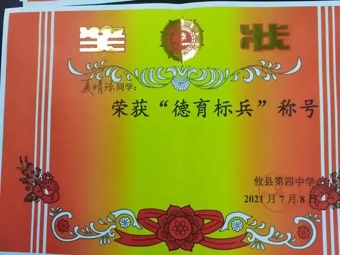 单位 攸县第四中学 描述与说明 期末考试荣获"德育标兵"奖状