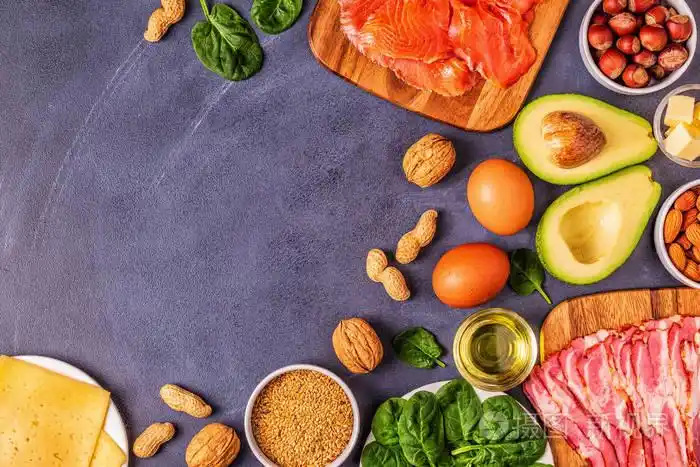 酮生酮饮食低碳水化合物健康食品背景顶部视图.