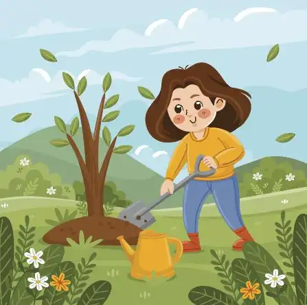 卡通手绘植树节女子种树矢量素材