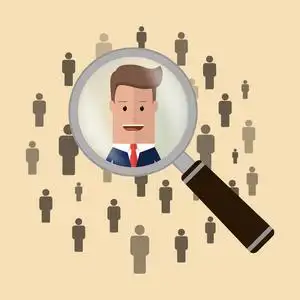 搜索候选人寻找候选人.人在放大镜.放大镜搜索人.矢量插图照片