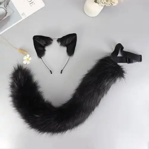 万圣节猫咪耳朵猫尾巴手作仿真兽耳发箍兽尾配饰套装cosplay饰品
