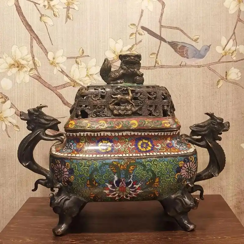 重胎景泰蓝香薰炉掐丝珐琅狻猊手柄双龙耳香炉,高 - 抖音