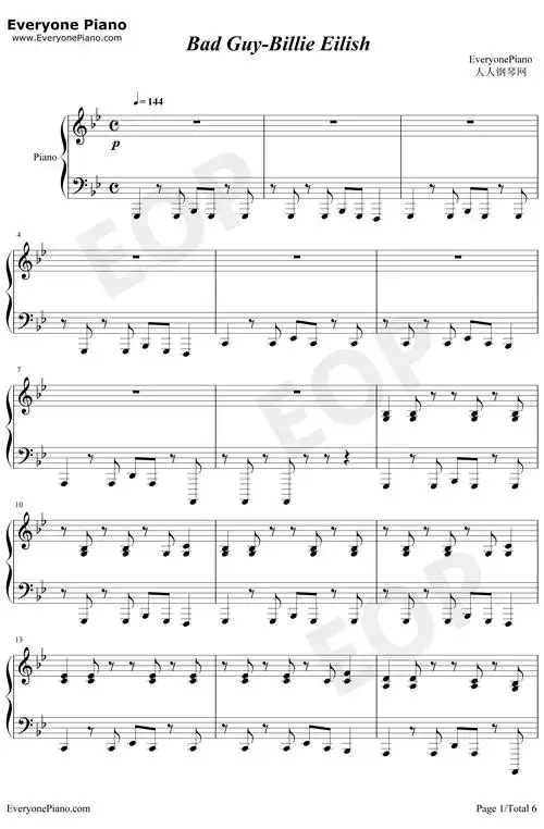 badguy钢琴谱billieeilish