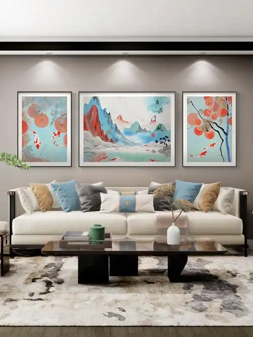 新款红色锦鲤客厅挂画新中式山水画沙发背景墙装饰画柿子壁画