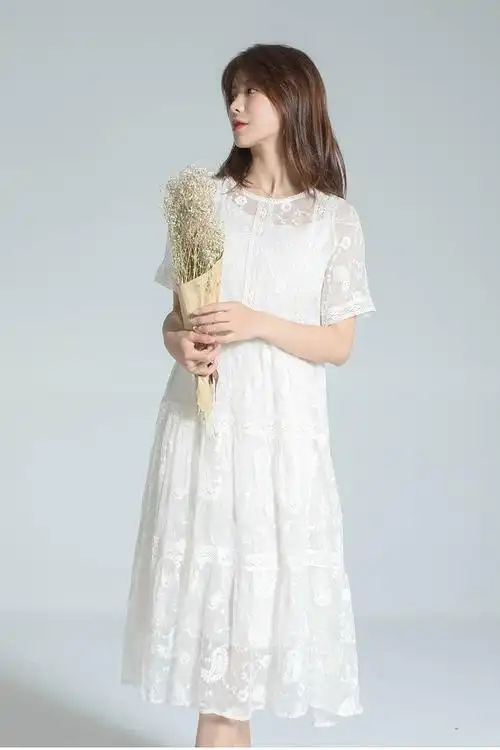 刺绣真丝白色连衣裙女2020新款杭州桑蚕丝年轻款裙子宽松长裙 白色