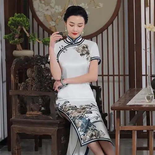 hqjyj1314新款复古中式丝光缎双层长款旗袍