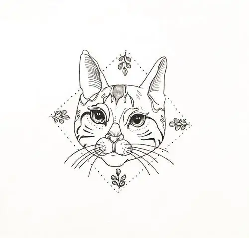 黑色素描几何元素菱形树叶框中创意花纹猫咪纹身手稿