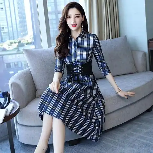衬衫连衣裙女夏女士新品韩版收腰气质正式场合中长款格子裙子秋装
