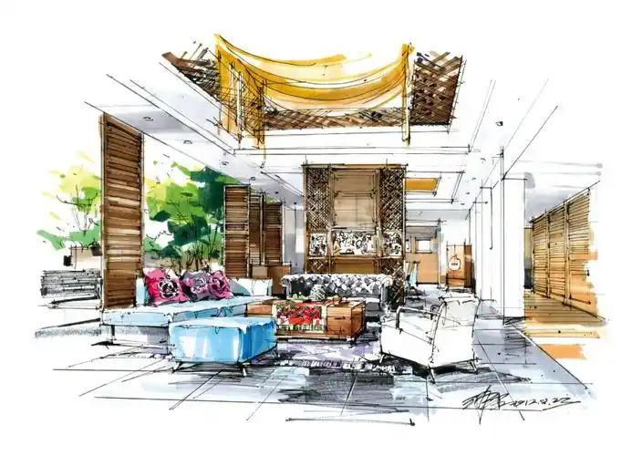 名家手绘效果图100例-【104】别墅客厅设计