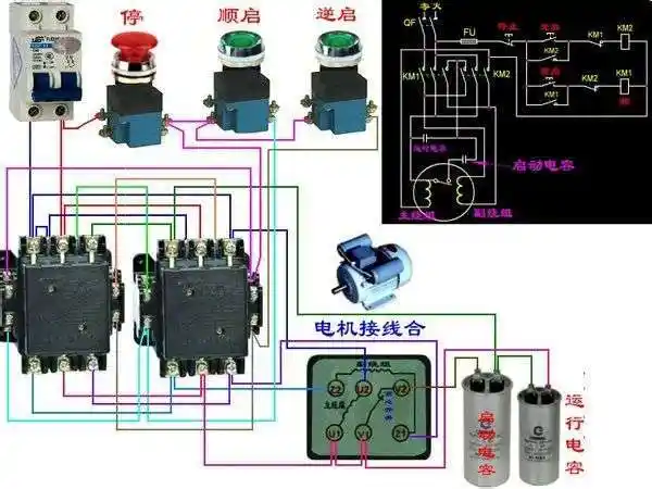 接触器控制单相电机正反转接线图及原理图