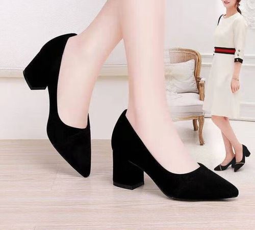 梦琦高跟鞋女韩版百搭优雅职业工作鞋女黑色高跟鞋女粗跟尖头中跟礼仪