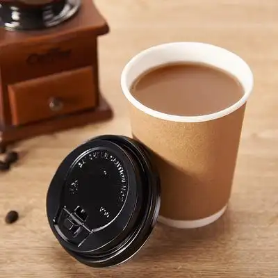 咖啡一次性带盖茶杯热饮打包高档双层牛皮500只定制纸杯