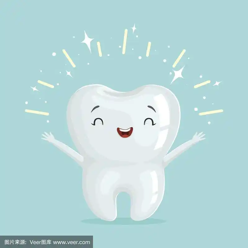 可爱健康闪亮的卡通牙齿人物,儿童牙科概念矢量插图