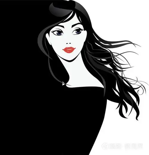 黑色和白色的长头发的漂亮女孩的肖像