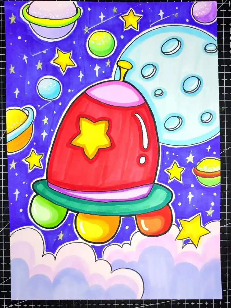 马克笔儿童画太空飞船