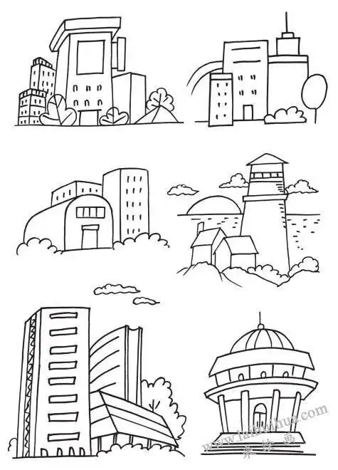 画5最后高楼大厦涂上一层浅浅的灰色蓝色或者是粉色城市楼房的简笔画