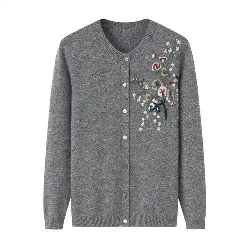 中老年羊绒衫开口对襟花卉绣花绣花针针织羊毛衫秋冬毛针织衫