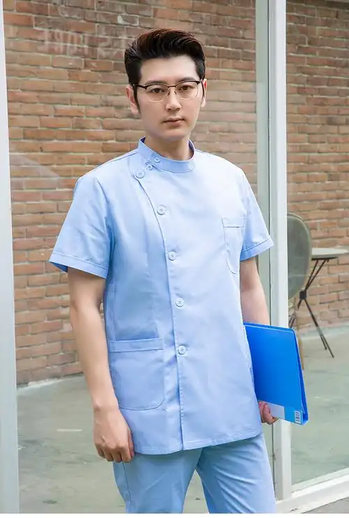 白大衣医白大褂立领偏襟男护士护工服分体蓝色短牙科口腔宠物医院医生