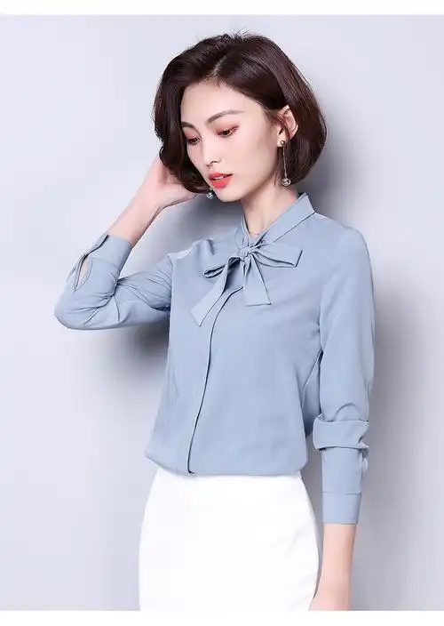 2020春秋装新款雪纺心机衬衫设计感女长袖蝴蝶结v领百搭上衬衣 8926