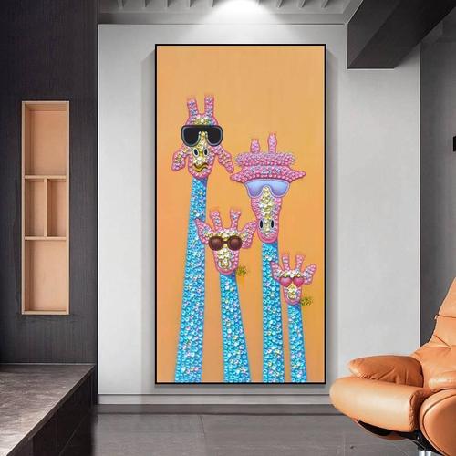 复古手绘油画长颈鹿入户走道玄关装饰画儿童房挂画原创立体画高级