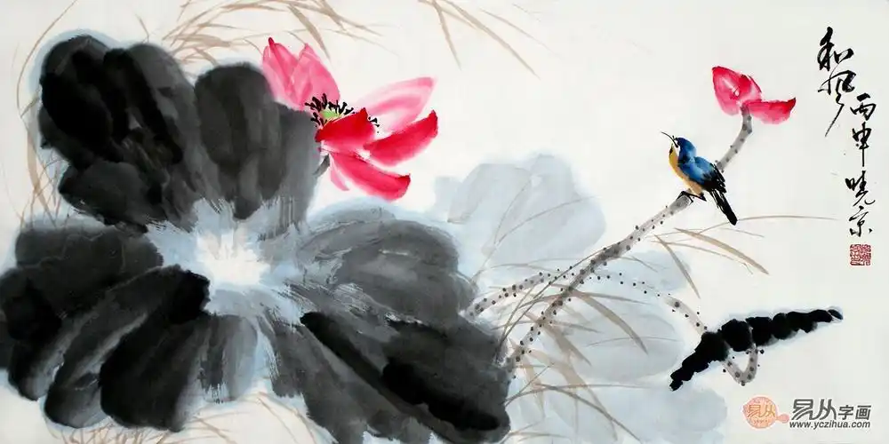 画家郑晓京三尺横幅写意荷花图作品《和风》(作品选自:易从网)