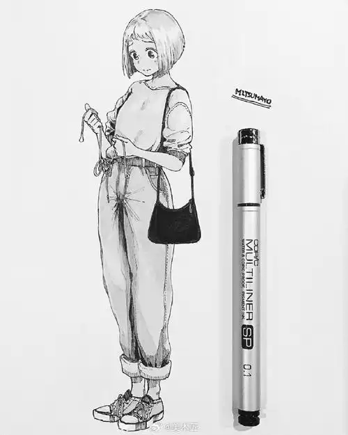 黑白针管笔活力女生 动漫插画参考 mitsumayo