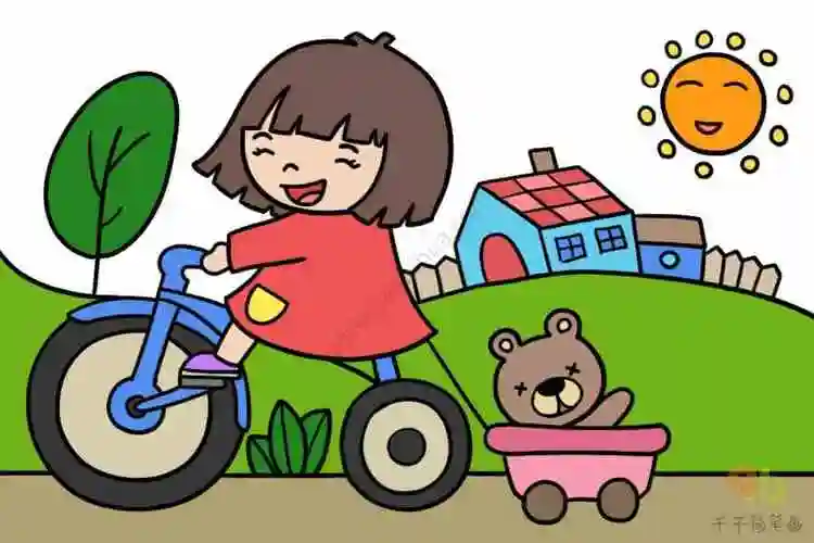 小女孩载着小熊去玩耍我们都是好朋友儿童画简笔画