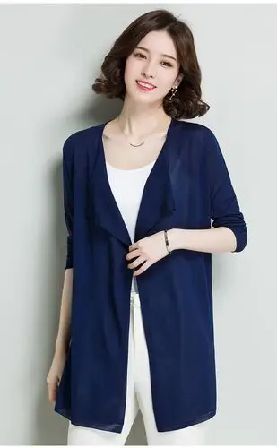 女式夏季新款外搭中长款针织衫开衫女士含蚕丝防晒罩衫外套