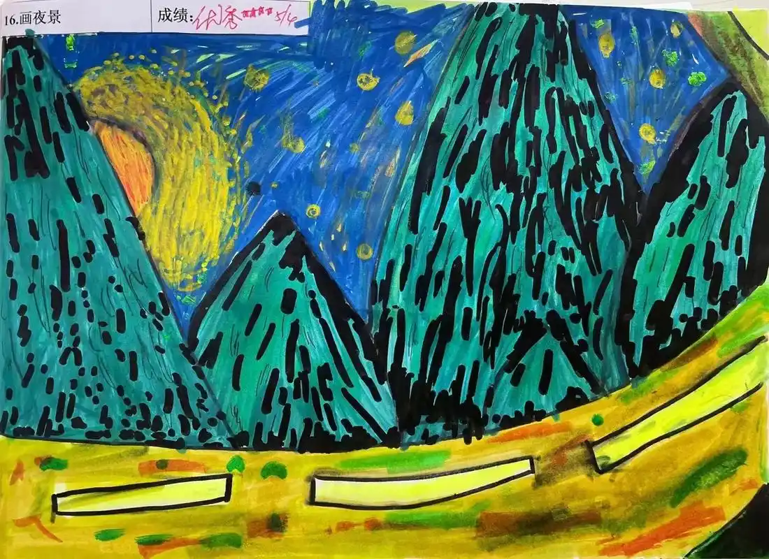 孩子们的画的夜景和倒影.#原创作品 #小画家 #课堂随拍 # - 抖音