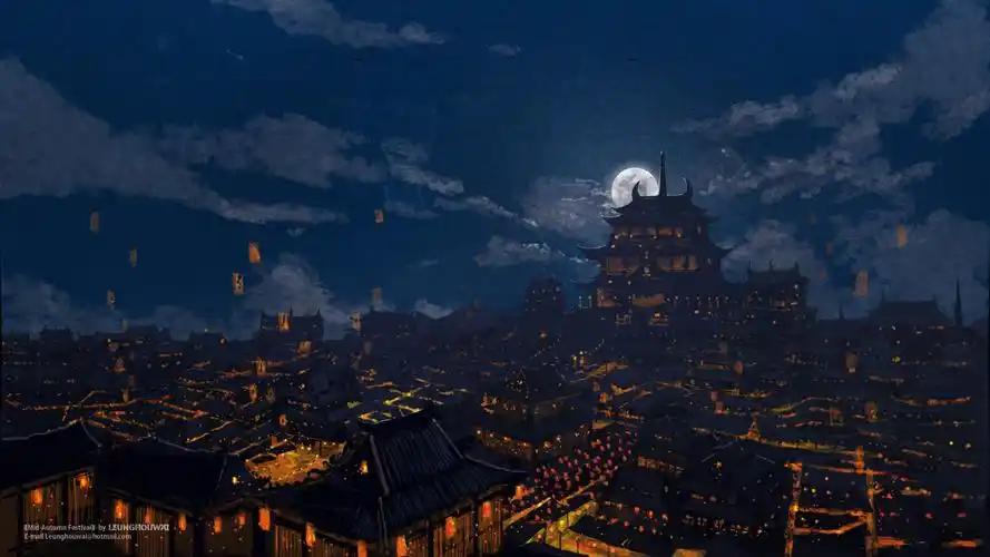 476 19 微信扫一扫小程序打开 中秋节的晚上万家灯火 原创插画古风cg