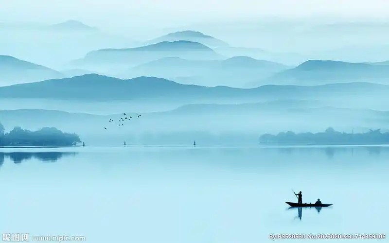 空灵意境山水风景蓝色写意背景墙