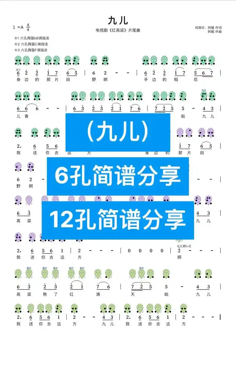 「九儿」6孔12孔陶笛简谱分享.#陶笛 #简谱 #什么乐器最 - 抖音