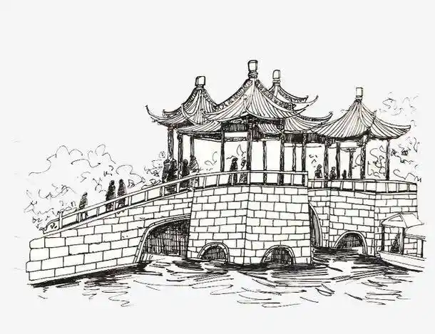 扬州五亭桥黑白素描画