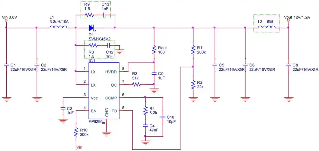 电池升压5v9v12v内置mos大功率方案fp6296xrg1原理图