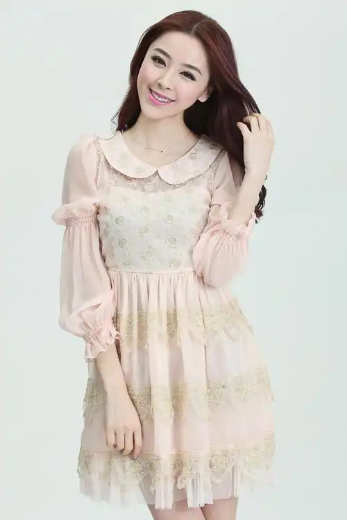 秋装新款娃娃领公主袖绣花蕾丝拼接雪纺连衣裙 韩版修身长袖女装