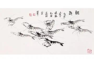 齐白石孙媳朴喆老师三尺横幅国画虾图虾趣
