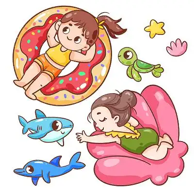 夏天卡通游泳海洋动物人物元素插画