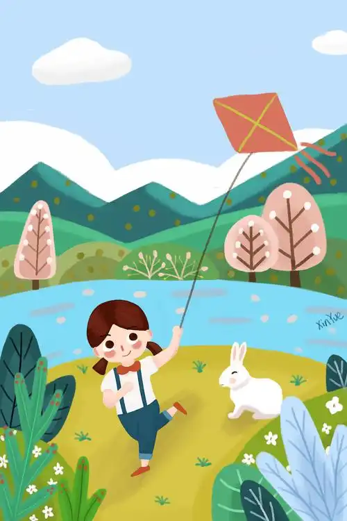 春天放风筝的可爱女孩