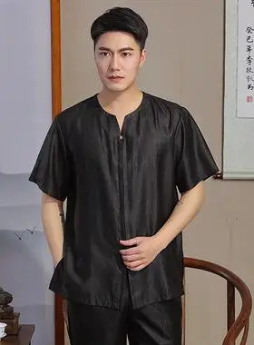 真丝香云纱夏季短袖大码男装宽松桑蚕丝莨绸高档上衣男士丝绸衬衣