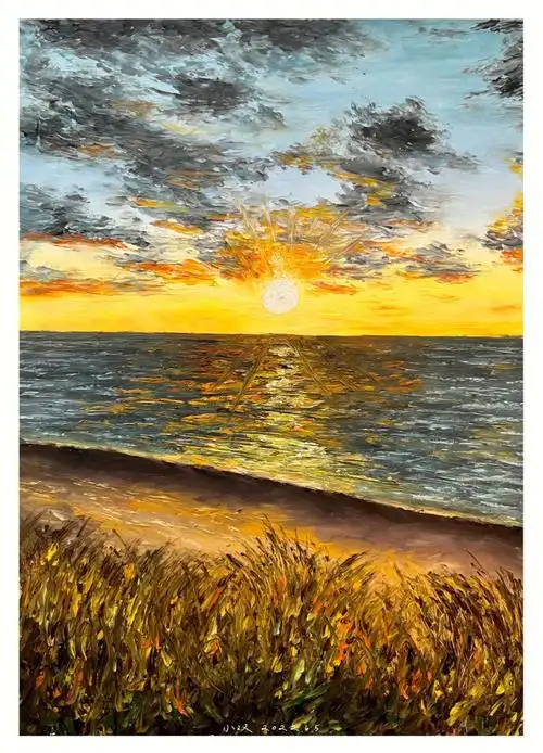 油画棒画一个夏天落日海滩附过程步骤