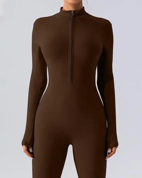 欧美拉链裸感长袖瑜伽连体服女运动健身训练舞蹈一体式连体紧身衣