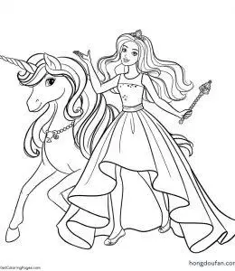 芭比公主和梦幻独角兽填色图片大全
