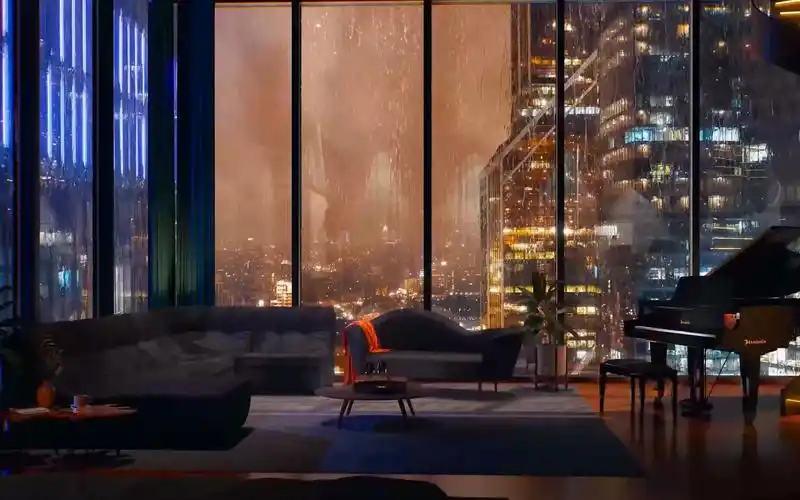 活动作品落地窗的享受白噪音的雨声优雅的钢琴助眠